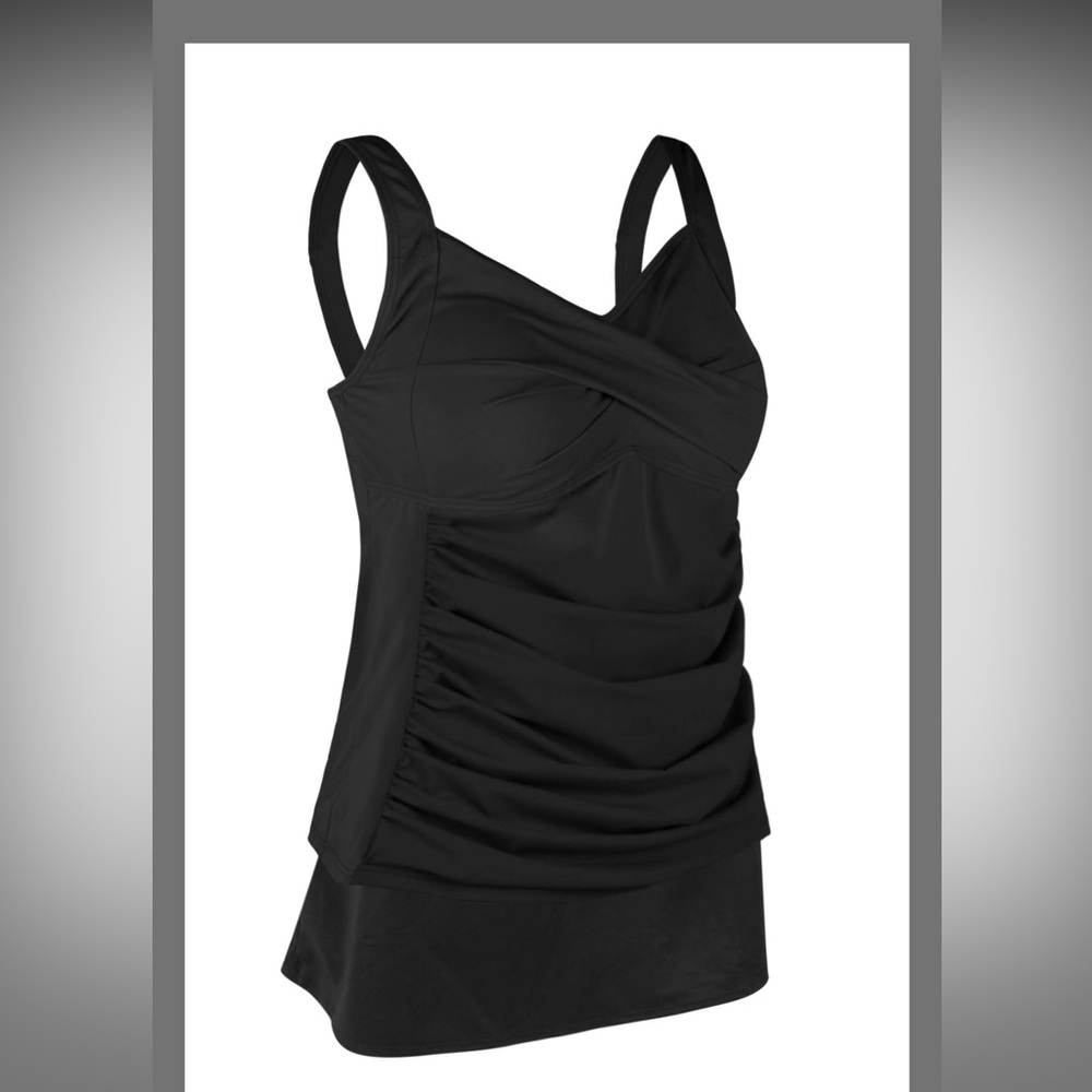Solid Tankini Set Bathing Suit Ruched Modest Two Piece Skirt Swimwear Black